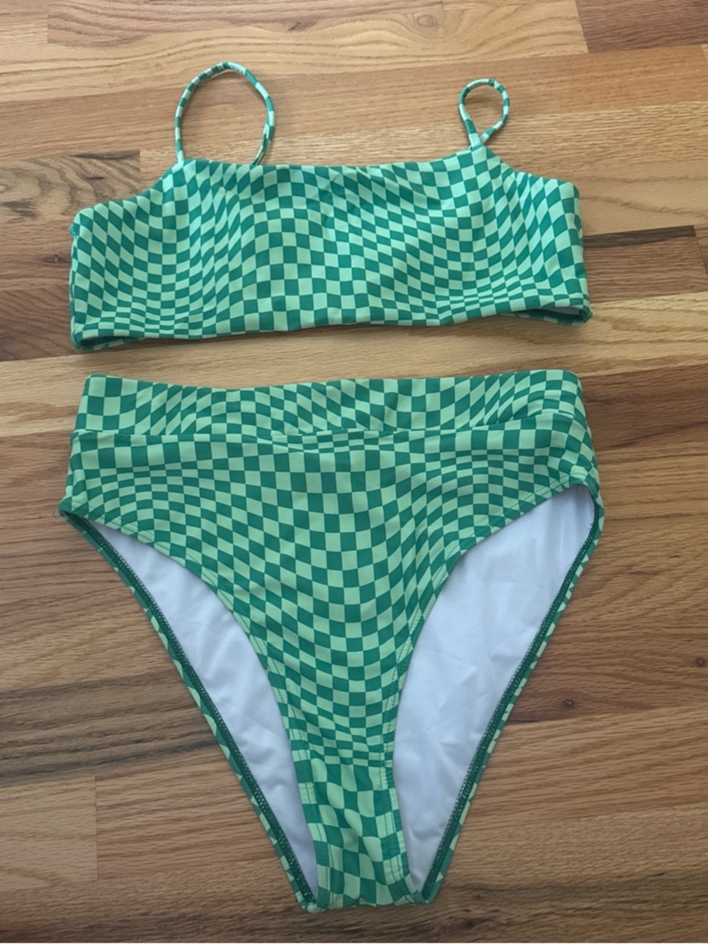 Amazon Green Checkerboard High-Waist Summer Swimsuit Bikini